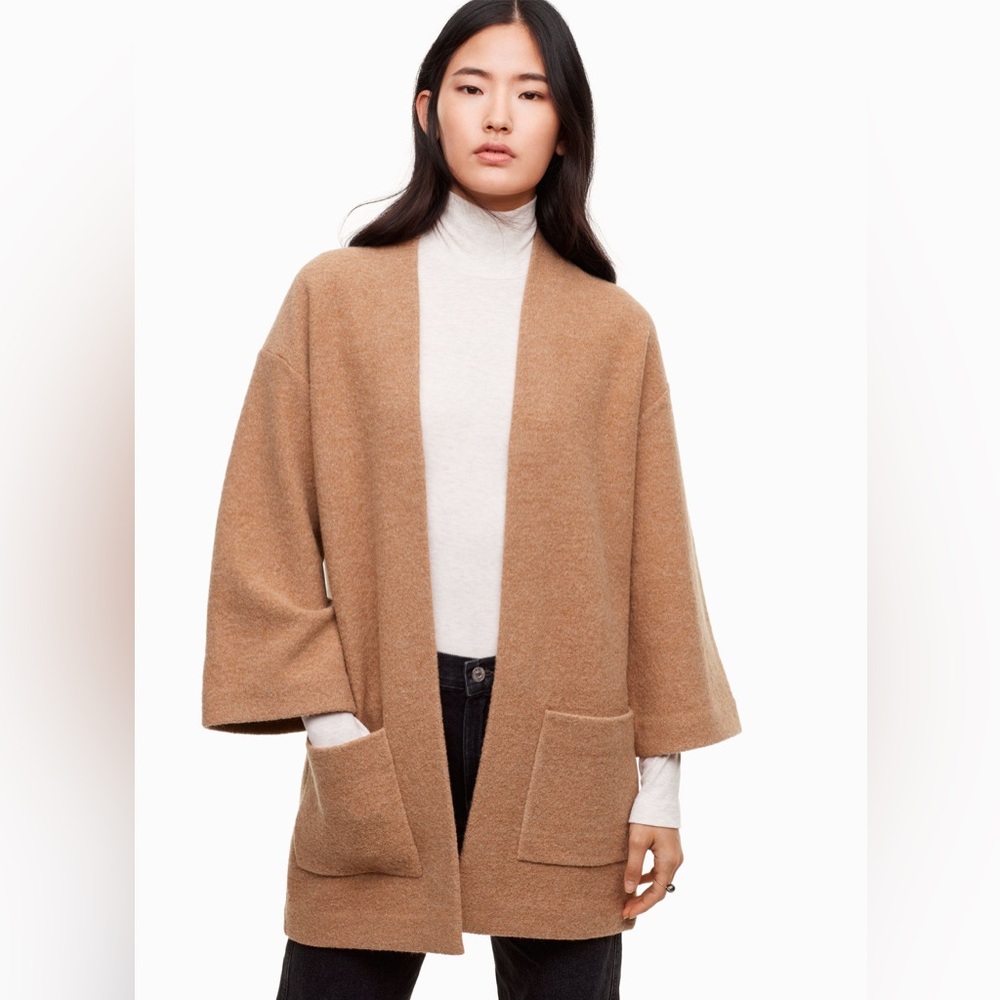 Wilfred Aritzia Merino Wool Camel Open Front Cardigan Elevated Capsule Wardrobe
